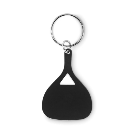 Porte-clés en aluminium recyclé noir présenté verticalement sur fond blanc, anneau métallique positionné en partie haute, aucune