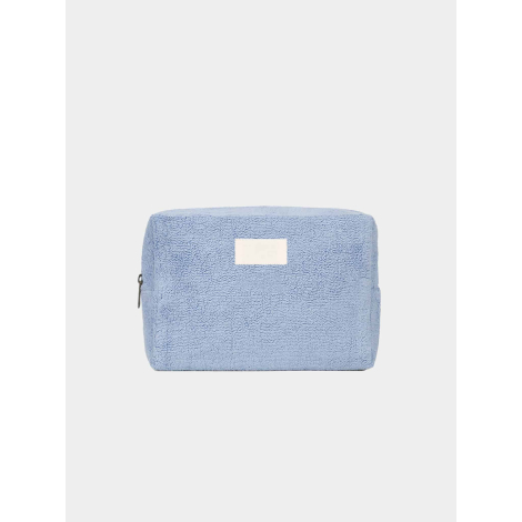 Trousse rectangulaire souple de couleur bleu clair, présentée de face sur fond neutre. La fermeture zippée est visible sur le cô