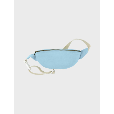 Banane bleu clair vue de face avec fermeture zippée et sangle réglable sans personnalisation visible.