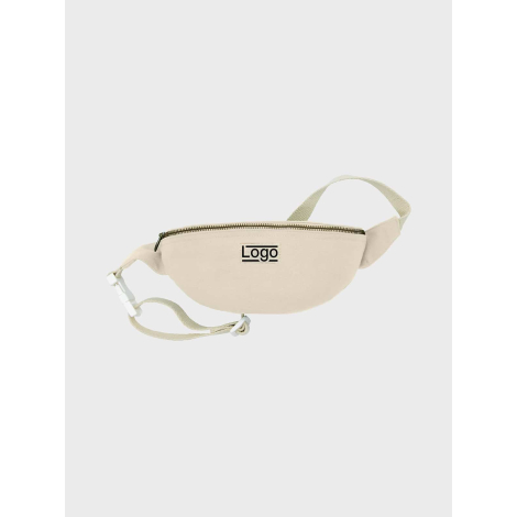 Banane écru vue de face avec étiquette centrale personnalisée.