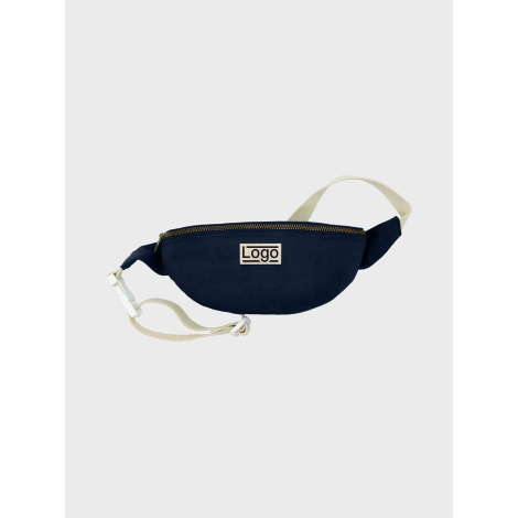 Banane bleu marine vue de face avec étiquette centrale personnalisée