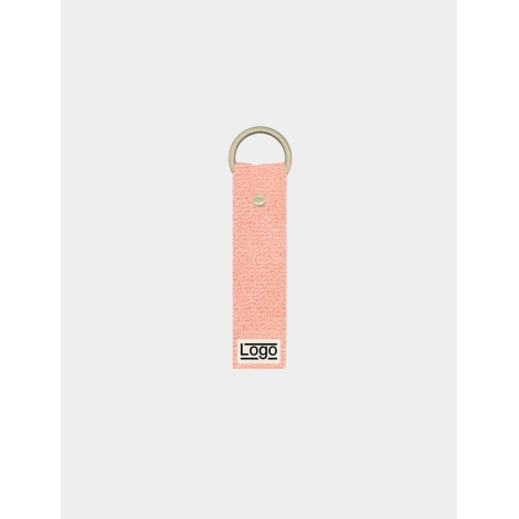 Porte-clés publicitaire en coton bio rose corail avec personnalisation en bas de lanière