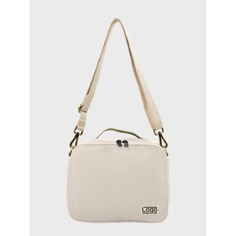 Sac isotherme écru vu de face avec étiquette personnalisée