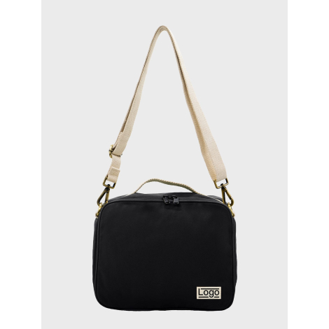 Sac isotherme noir vu de face avec étiquette personnalisée