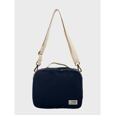 Sac isotherme bleu marine vu de face avec étiquette personnalisée