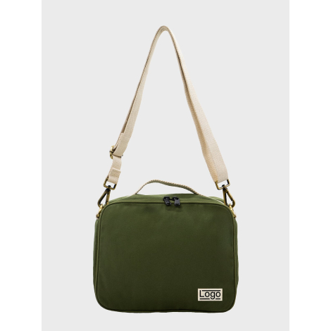Sac isotherme vert olive vu de face avec étiquette personnalisée