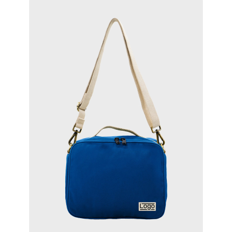 Sac isotherme bleu roi vu de face avec étiquette personnalisée
