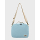 Sac isotherme bleu clair vu de face avec bandoulière réglable et étiquette personnalisée Sac isotherme bleu clair vu de face avec bandoulière réglable et étiquette personnalisée