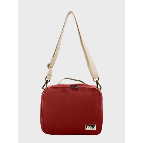Sac isotherme rouge brique vu de face avec étiquette personnalisée