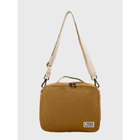 Sac isotherme ocre vu de face avec étiquette personnalisée