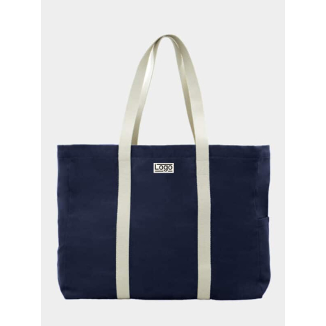 Sac cabas bleu marine vu de face avec étiquette centrale personnalisée.