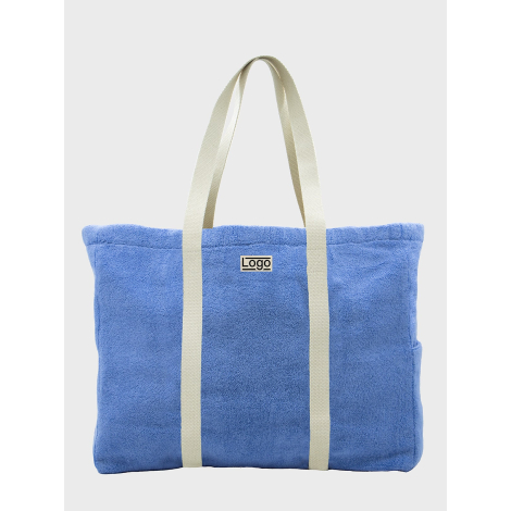 Sac de plage promotionnel personnalisable en éponge bleue avec marquage visible sur la face avant