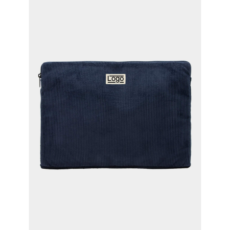 Housse ordinateur promotionnelle personnalisable en velours coton bio bleu foncé avec marquage visible