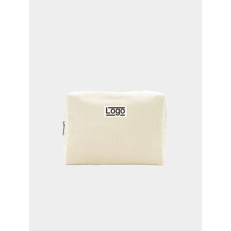 Pochette beige clair vue de face en tissu côtelé avec étiquette centrale personnalisée
