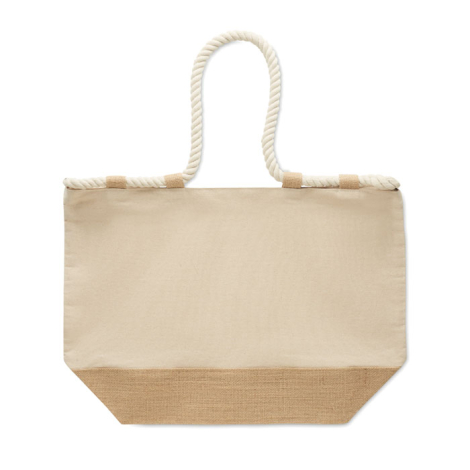 Cabas en toile de coton présenté à plat sur fond blanc, surface principale écrue et base en jute visibles, sans personnalisation