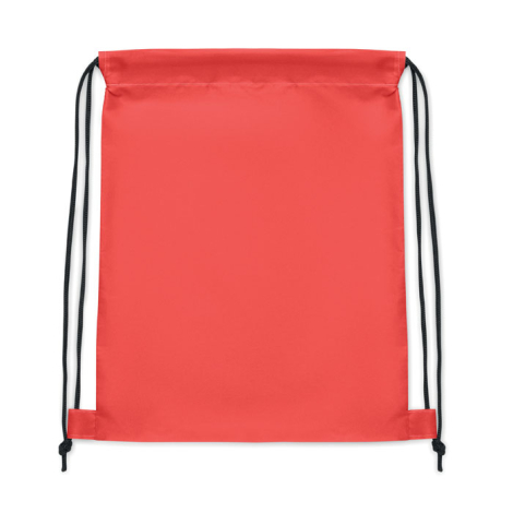 Sac souple à cordons enfant en RPET rouge présenté de dos à plat sur fond blanc, cordons noirs visibles et coins renforcés en pa