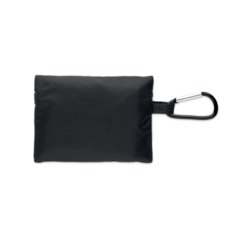 Pochette de premiers secours en textile noir présentée à plat vue de dos sur fond clair, mousqueton métallique fixé sur une lang