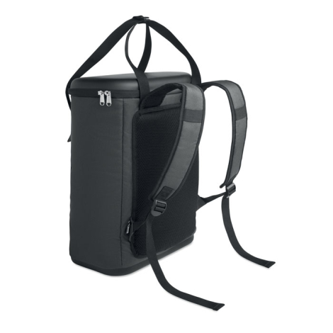 Vue arrière du sac à dos isotherme en RPET montrant le dos en maille rembourrée et les bretelles, sans marquage visible