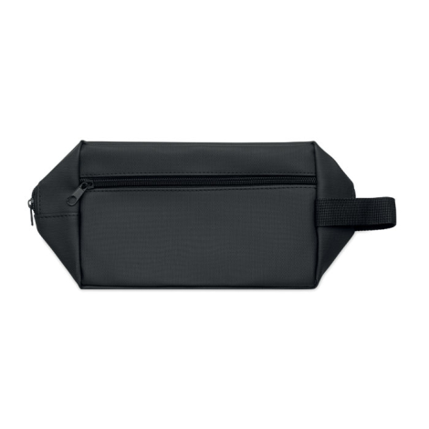 Trousse de toilette noire vue de face avec poche frontale zippée et poignée latérale, aucune personnalisation apparente