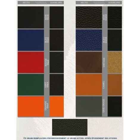 Nuancier de cuir régénéré présentant différents coloris et finitions sans marquage visible.