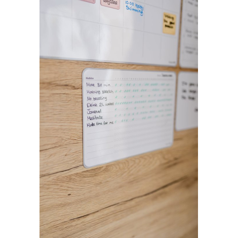 Suivi d’habitudes mensuel adhésif fixé sur une surface verticale claire, avec grille remplie d’inscriptions manuscrites visibles