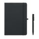 Carnet A5 noir présenté seul sur fond clair avec élastique vertical et stylo placé à côté, sans personnalisation visible.