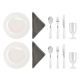 Contenu du sac présenté à plat avec deux assiettes, deux serviettes, deux ensembles de couverts et deux verres, sans marquage vi