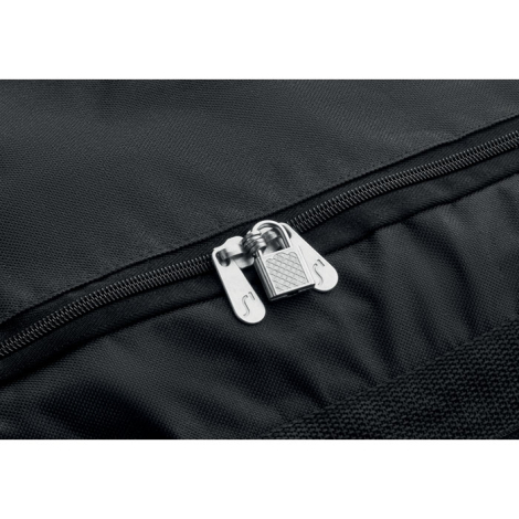 Gros plan sur la fermeture zippée principale avec curseurs compatibles cadenas, aucun marquage visible.