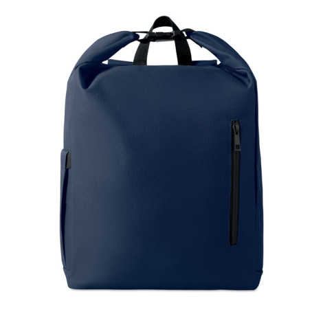 Sac à dos bleu présenté de face avec fermeture enroulée et poche frontale zippée verticale, sans personnalisation apparente.
