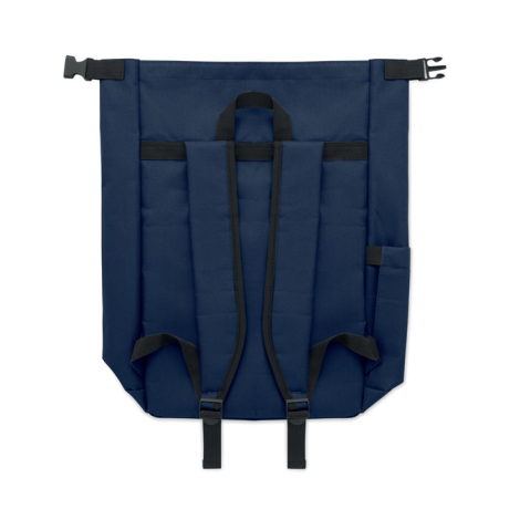 Vue arrière d’un sac bleu à plat montrant les bretelles et les renforts, sans personnalisation visible.