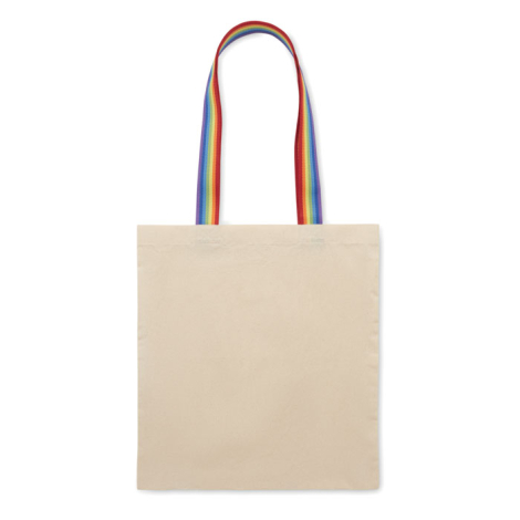 Sac en coton présenté de dos avec anses arc-en-ciel visibles, sans personnalisation apparente.