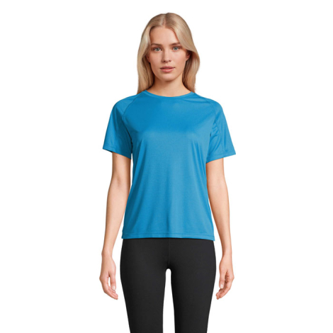 Tee-shirt femme manches raglan bleu présenté de face, sans personnalisation apparente.