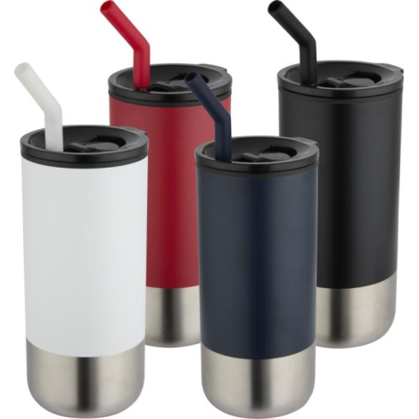 Ensemble de quatre gobelets isothermes blanc, rouge, bleu foncé et noir avec base en acier inoxydable et paille insérée, sans ma