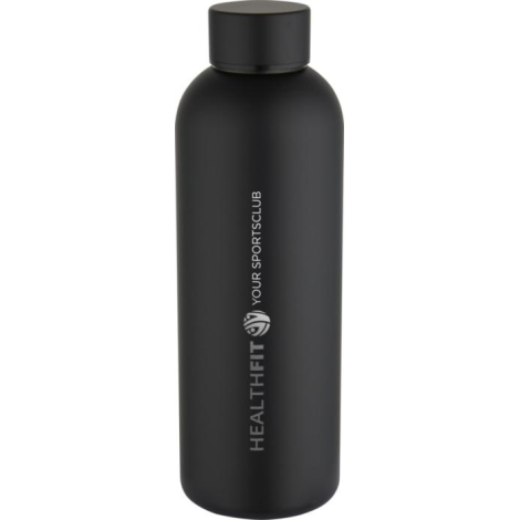 Bouteille noire en acier inoxydable présentée en gros plan sur la partie centrale avec marquage visible vertical sur la face ava