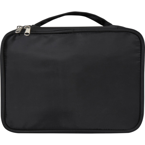 Organisateur noir présenté fermé avec poignée supérieure et fermeture à glissière visible, sans marquage apparent.