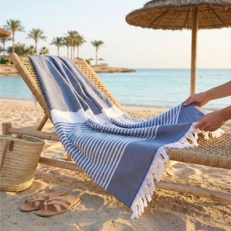 Fouta bleue recyclée disposée sur transat en bois plage