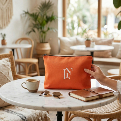 Trousse coton personnalisable orange avec zip noir sur table intérieure