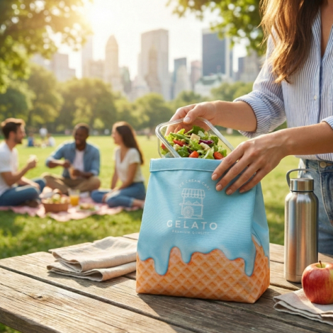 Lunchbag recyclé personnalisé posé sur table en extérieur