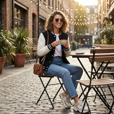 Veste teddy noir et blanc portée en terrasse