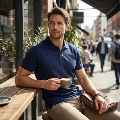 Polo bleu marine porté par un homme assis à une terrasse. 