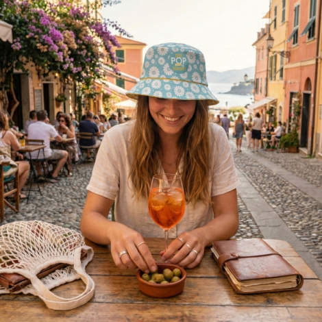 Bob bleu clair motif floral blanc porté en extérieur avec écusson