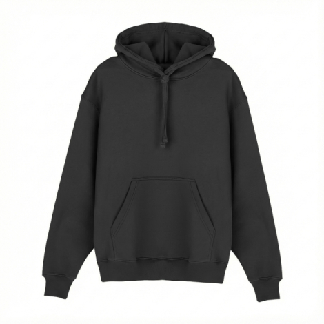 Hoodie noir coton bio à capuche fond blanc