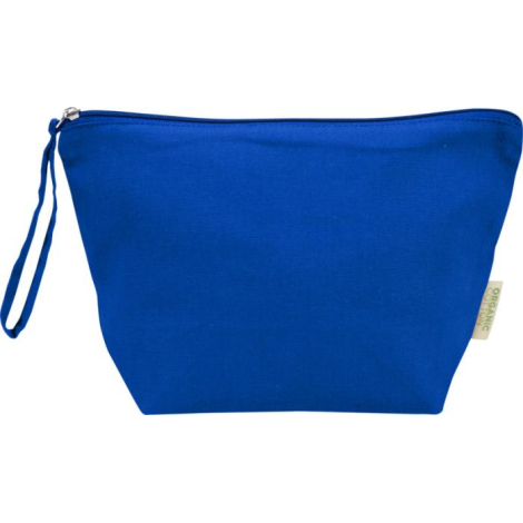 Grande pochette bleue présentée de face avec fermeture zippée assortie, sans personnalisation visible.