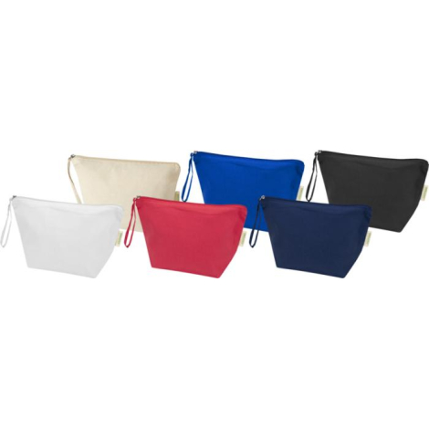 Ensemble de grandes pochettes écru, rouge, bleu et bleu marine présentées de face avec fermeture zippée, sans personnalisation v