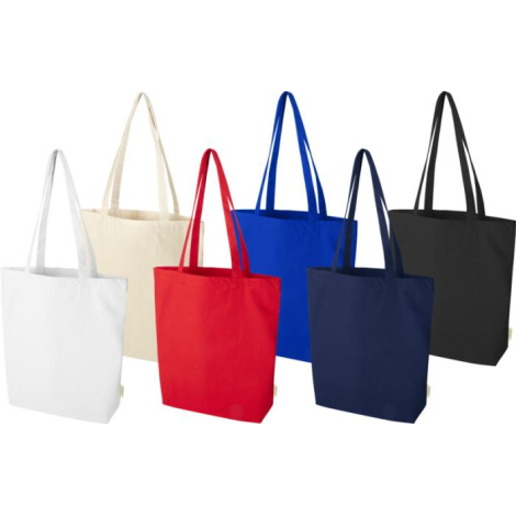 Ensemble de sacs shopping écru, rouge, bleu, bleu marine et noir présentés de face avec longues poignées assorties, sans marquag