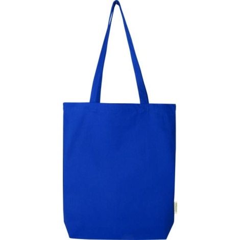 Sac shopping bleu présenté de face avec longues poignées, sans personnalisation apparente.