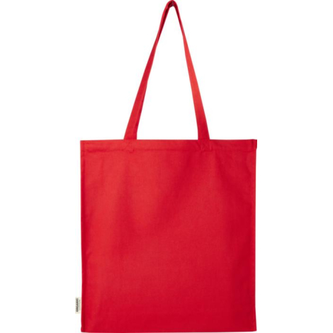 Sac shopping rouge présenté de face avec longues poignées, sans personnalisation apparente.