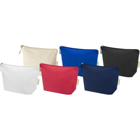 Ensemble de trousses écru, rouge, bleu et bleu marine présentées de face avec fermeture zippée assortie, sans personnalisation v