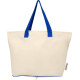 Sac shopping écru présenté de face avec longues poignées bleues et étiquette textile latérale visible, sans personnalisation app