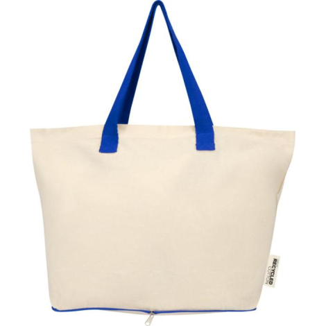 Sac shopping écru présenté de face avec longues poignées bleues et étiquette textile latérale visible, sans personnalisation app